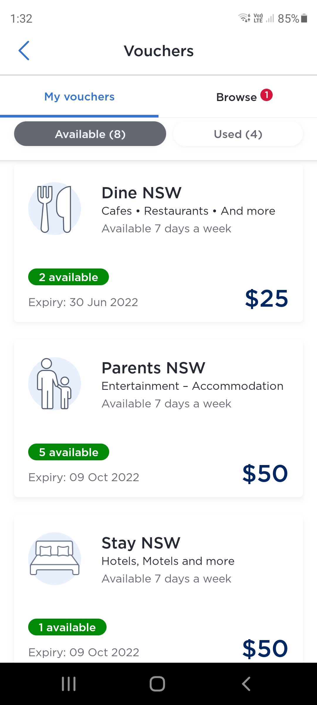 Screenshot of  Service NSW app showing Dine and Discover vouchers available