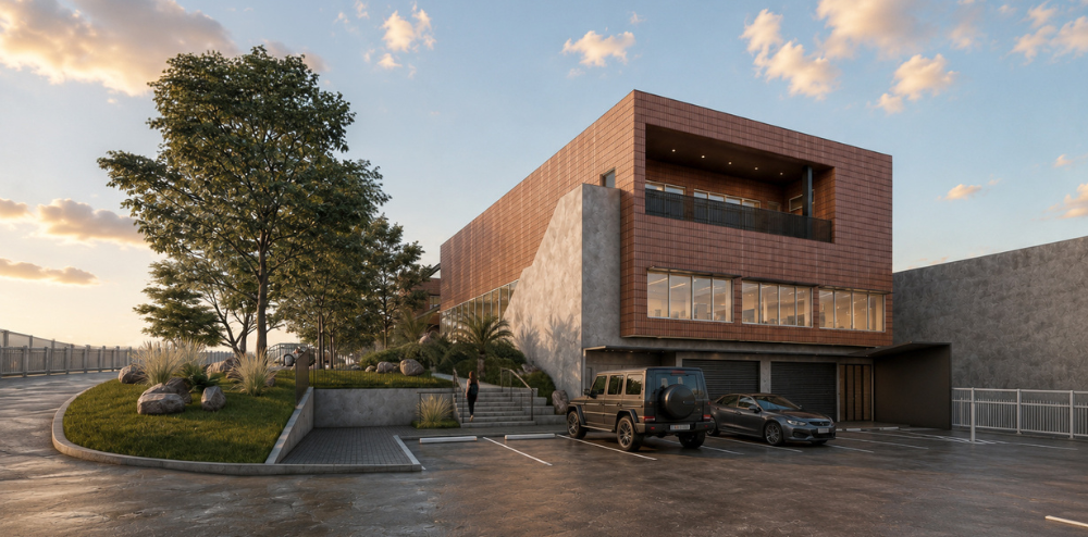 Rear entrance with increased parking and new landscape design