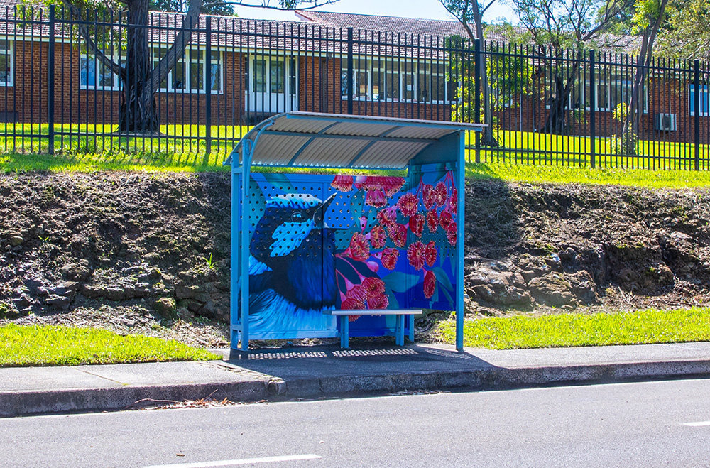Bus stop at Murphys Ave, Keiraville, painted by MAN.De